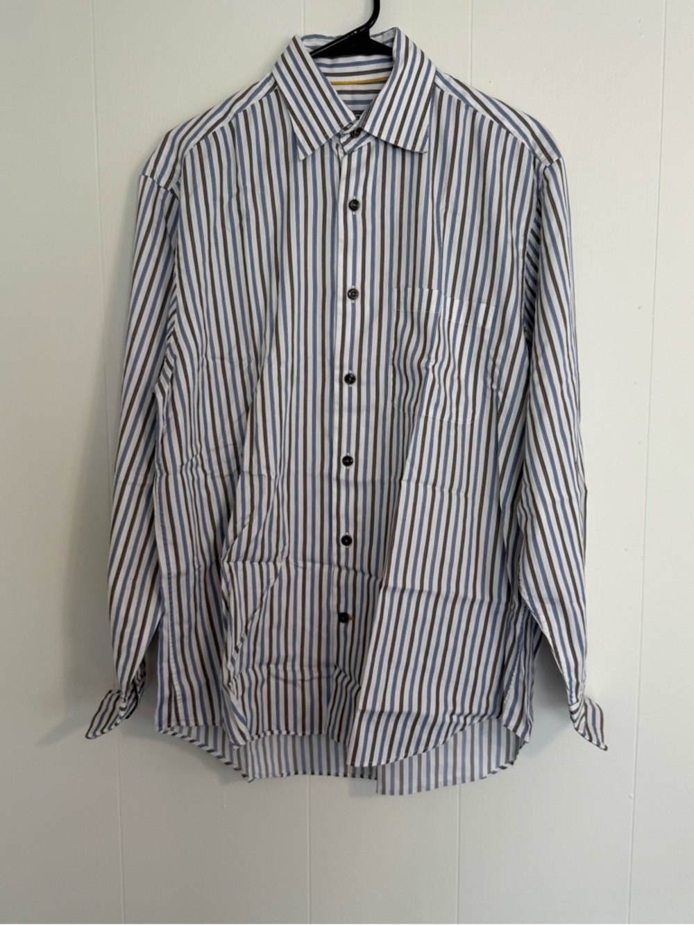 Robert Talbott Striped Button Down Shirt White Navy Brown Cotton | Size M
